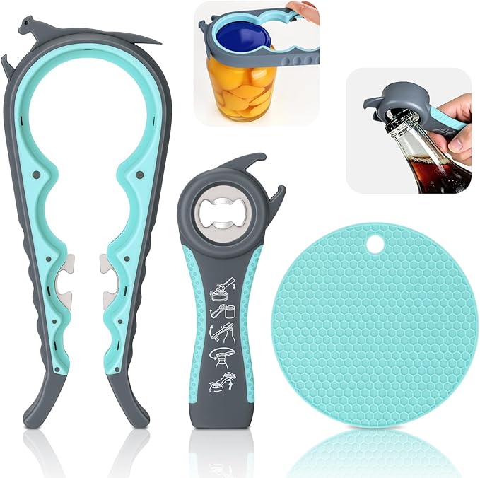 Jar Opener Set - 6-in-1 Adjustable Jar Opener Can Opener, 4-in-1 Bottle Opener Lid Opener & Rubber Jar Gripper, Multifunctional Kitchen Gadget for Seniors, Arthritis, Weak Hands (Blue&Grey)