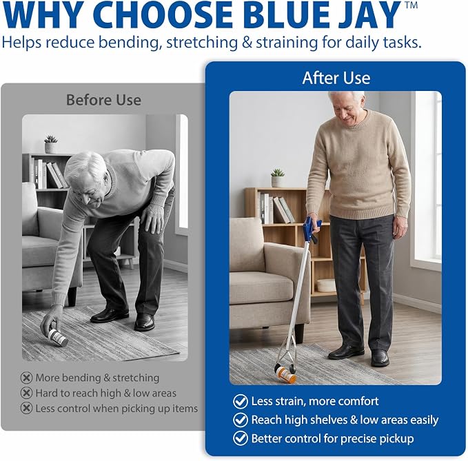 Blue Jay 30 Inch Reacher Grabber Tool with Rubber Suction Cups, Lightweight Long Arm Trash Picker Upper, Multipurpose Extending Reach Assist Stick, Mobility Aid for Seniors and Adults
