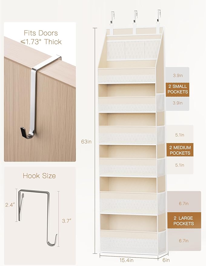Criusia Over the Door Organizer, 6-Shelf Closet Hanging Storage with 13 Mesh Pockets, 55lbs Capacity Behind the Door Storage for Baby Nursery, Bathroom, Bedroom, and Dorm, Beige