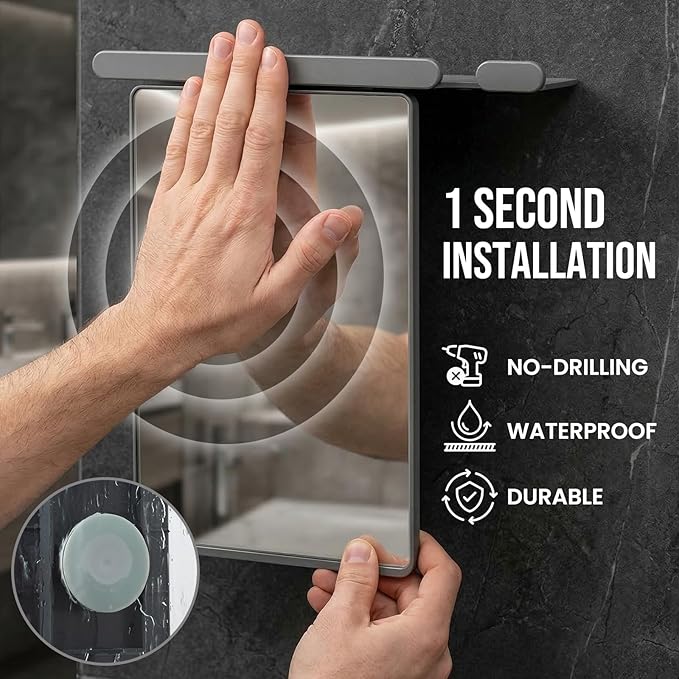 TAILI Shower Mirror Fogless for Shaving with Razor Holder, Anti-Fog with Powerful Suction Wall Mounted for Bathroom, Makeup Shave Mirror for Men & Women, Shatterproof & Removable, Grey