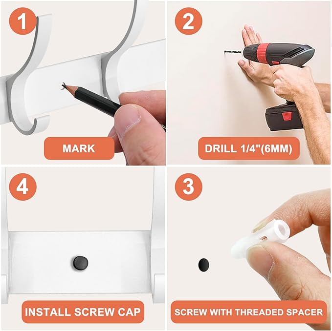 Coat Rack Wall Mounted,6 Coat Hooks for Hanging Coats,Heavy Duty Metal Double Hook Rack Hook Rail,Coat Rack with Hooks,Wall Mount Coat Hanger for Hat Towel Purse Robes (2 Pack White, 6 Hooks)