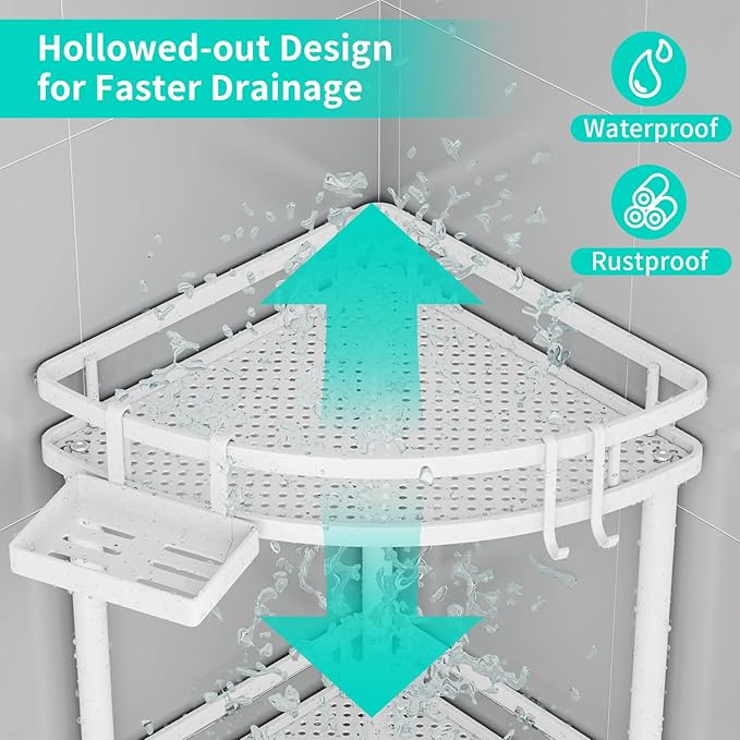 HapiRm Standing Corner Shower Caddy - 3 Tier Shower Organizer Corner with Soap Holder and 4 Hooks, Rustproof Bathroom Storage Shelves with Adhesives, White
