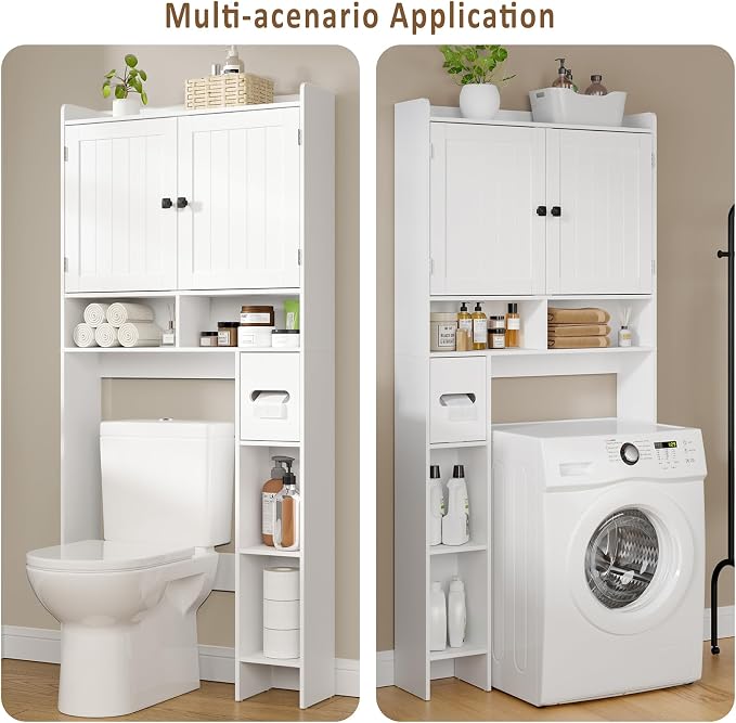 RRX Over The Toilet Storage Cabinet, Bathroom Toilet Paper Holder Stand,30.7" L x 7.87 "W x 65.7 "H Freestanding Toilet Shelf Space Saver for Bathroom,Laundry(Milky White)