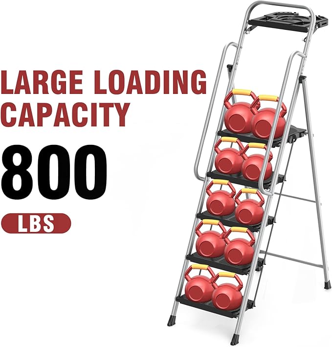 5 Step Foldable Step Ladder Stool with Roomy Tool Tray and Secure Handrail, Foldable Platform Ladder 5 Step Folding Stepstools with Wide Pedals and 800lbs Weight Capacity for Adults, Home, Kitchen