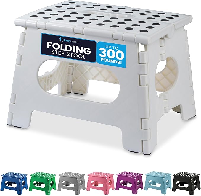 Handy Laundry Folding Lightweight Step Stool - Sturdy Enough to Support Adults - Opens Easy with One Flip - Great for Kitchen, Bathroom or Bedroom (White - 9 Inch)