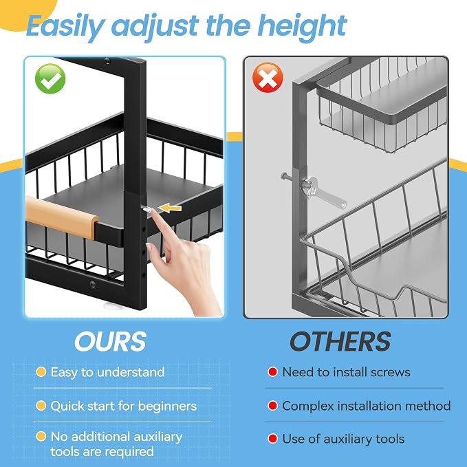 ADBIU Under Sink Organizer(10 Seconds Installation), 2 Packs 2 Tier Expandable Height (11"" - 16"") Under-Sink Organizers Slide out Pull out Organizer Shelf, Black
