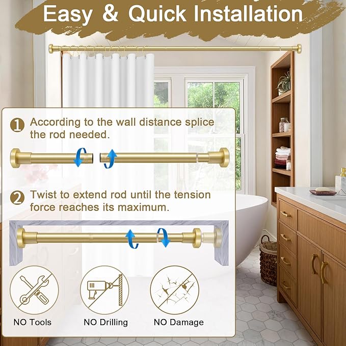 YNL Gold Shower Curtain Rod 32-80 Inch(2.7-6.6ft), Non Slip, Never Rust, No Drill Stainless Steel Spring Tension Shower Rod, Adjustable Tension Rod for Bathroom