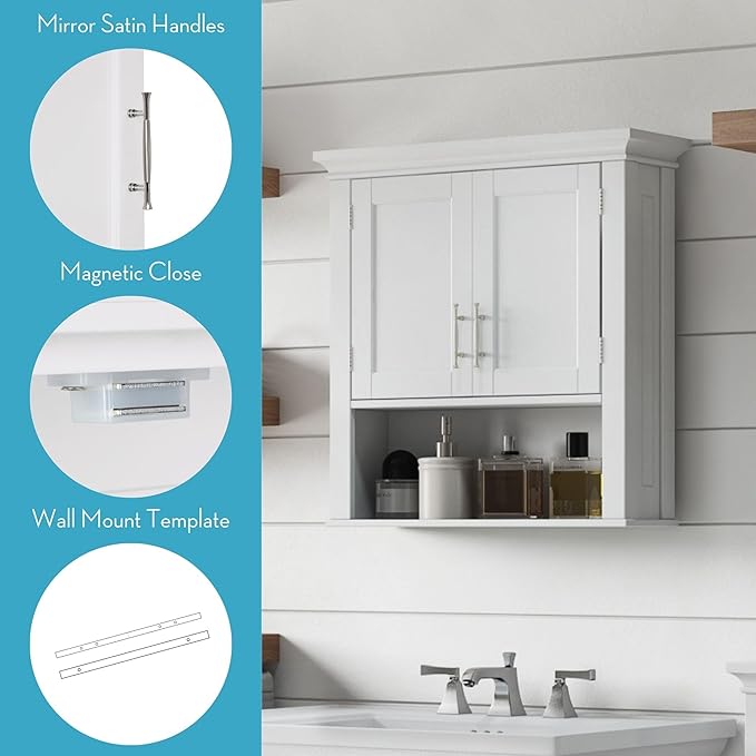 RiverRidge Somerset Two-Door Bathroom and Laundry Wall Mount Storage Medicine Cabinet with Open and Adjustable Shelf - White | Two-Door