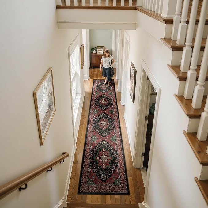 RELEANY Area Rugs Runner 2'x10' Washable Non-Slip, Floral Vintage Distress Medallion Carpet for Kitchen Hallway Bedroom Beside Laundry Room Bathroom, Red Black