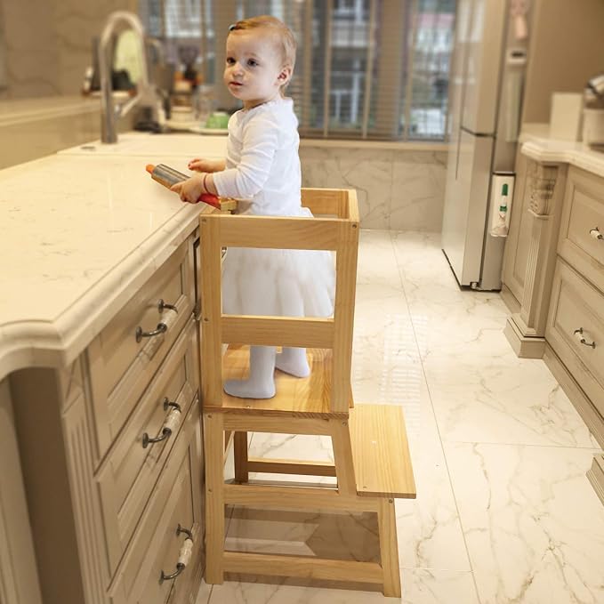 Kitchen Step Stool for Toddlers with Non-Slip Mat, WOOD CITY Wooden Kids Montessori Learning Stool Tower, Toddler Standing Tower Helper for Kitchen Counter and Bathroom Sink(Burlywood)
