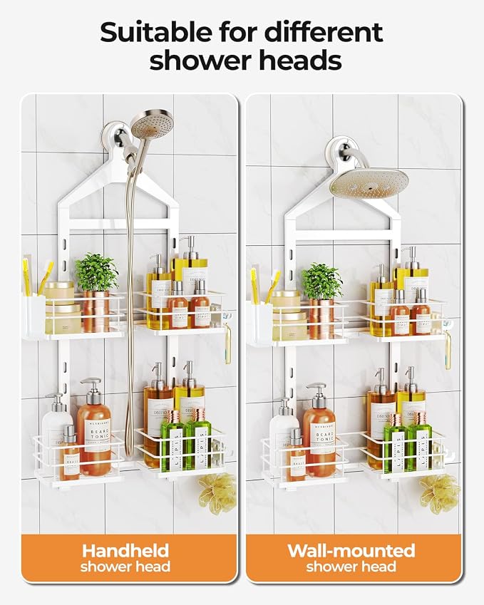 ODesign 2 Tier Height-Adjustable Shower Caddy Hanging Anti-Swing-Over The Shower Head Caddy-Storage Organizer Bathroom Shelves Basket-White