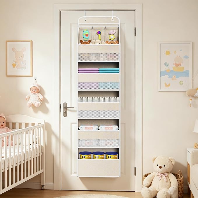 Univivi 6-Shelf Over Door Hanging Organizer Fabric Baby Door Storage with 5 Extra Large Capacity Pockets Behind the Door Hanging Storage Organizers Easy Install Door Storage for Baby Essential (Beige)