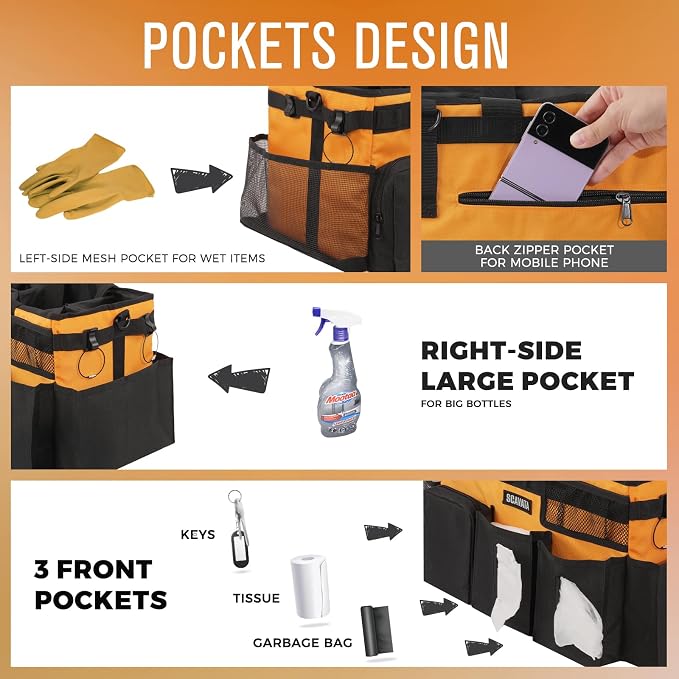 SCAVATA Wearable Cleaning Caddy Bag, Cleaning Caddy Supplies Organizer with Handle & Shoulder Straps for Housekeepers, Under Sink & Car Cleaning Tool Organizers with 4 Foldable Divider (Orange)