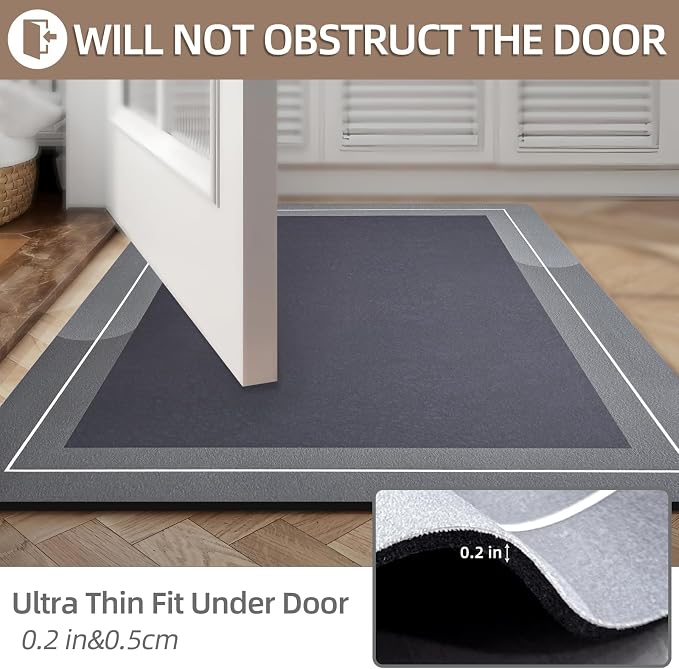 Mordem Large Bath Mat Rug, Rubber Non Slip Bath Mat Super Absorbent Quick Dry Bathroom Floor Mat Thin Bathroom Rugs Fit Under Door-Shower Rug for in Front of Bathtub Shower,Dark Gray, 23.6"x35.4"