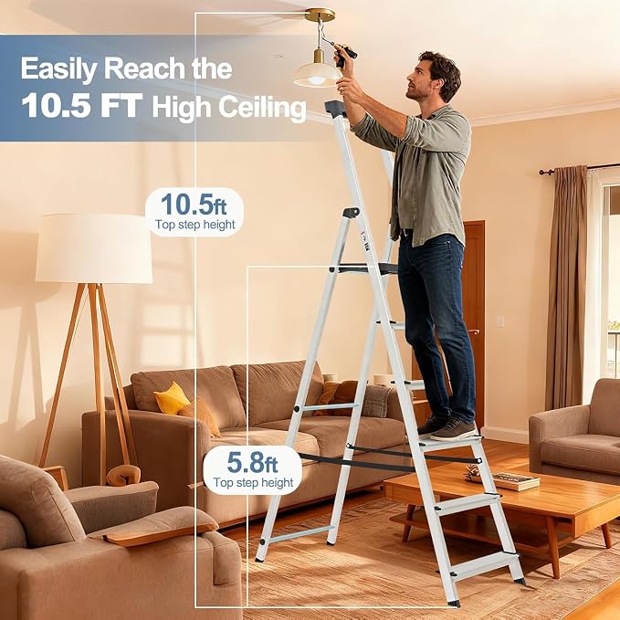 Simple Deluxe 5 Step Ladder,330lbs Folding Step Stool with Anti-Slip Wide Pedal Handrails, Foldable Step Stool for Home Kitchen and Outdoor, Silver
