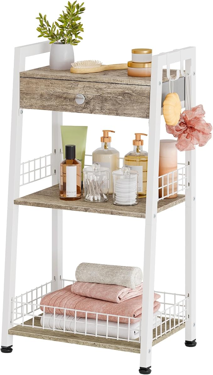 Gewudraw 3-Tier Ladder Shelf with Drawer, Bathroom Table Stand for Small Space, Standing Bathroom Shelves with Storage for Living Room Kitchen Bedroom, Organizer Shelf, White