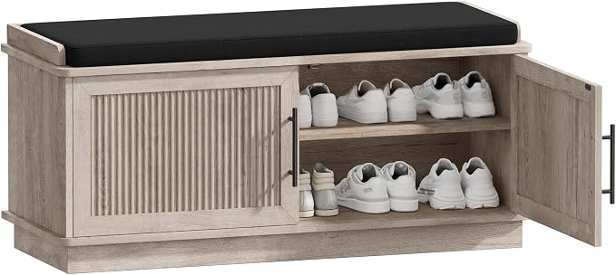 Akxomel Fluted Shoe Storage Bench with Cushion, 39.4" Entryway Bench with Adjustable Shelves and 2 Doors, Shoe Cabinet Bench with Curved Profile, for Hallway, Living Room, Bedroom, Greige