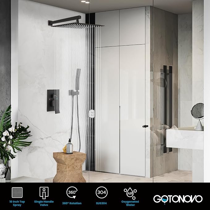 gotonovo Rainfall Bathroom Shower System Rain Shower Head and Handle Set Wall Mounted Shower Complete Combo Solid Brass Pressure Balancing Shower Mixer Valve 16 Inch Oil Rubbed Bronze