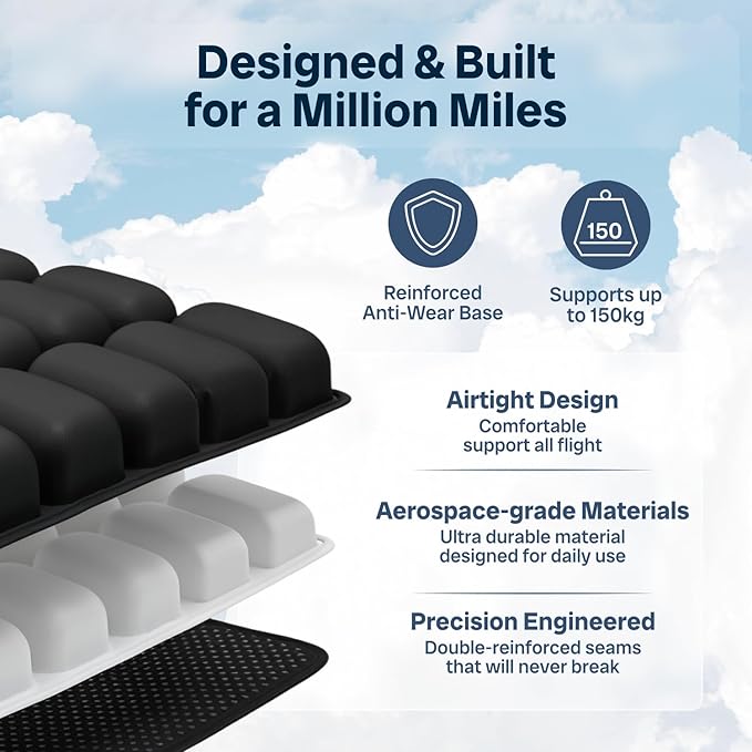 Sondur™ Travel Cushion – CloudAir Technology Airplane Seat Cushion – Inflatable Travel Cushion for Long Flights – Portable Air Cell Design, Puncture-Resistant Waterproof Pad – Black