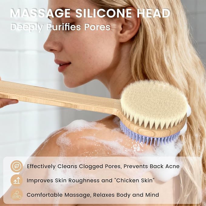 Back Scrubber for Shower - Double-Sided Silicone and Super-Dense Bristles for Deep Cleaning & Exfoliation, Bamboo Long Handle with Wider Anti-Slip Grip, Body Exfoliator for Wet or Dry Brushing