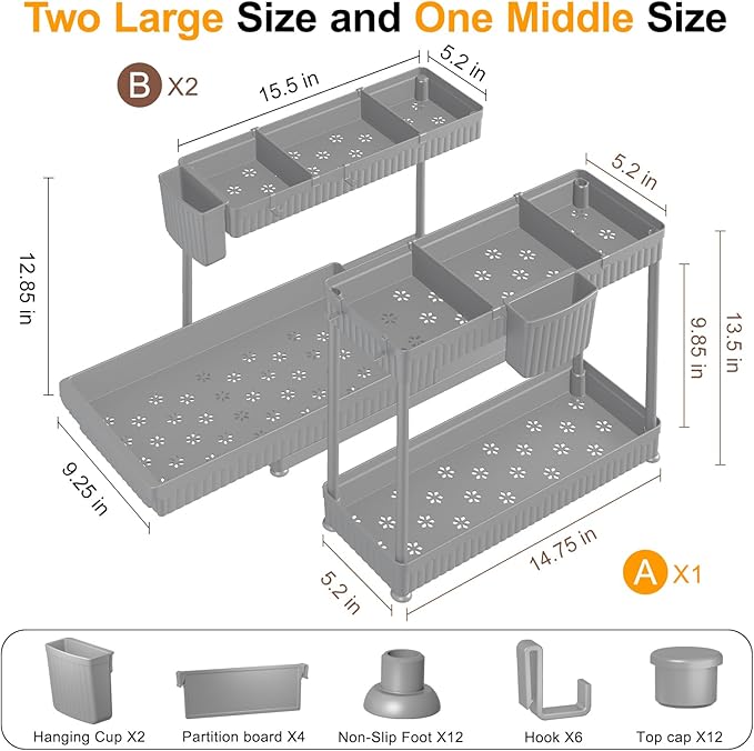 Sevenblue 3 Pack Multi-Purpose Pull-Out Storage Organizers, 2-Tier L-Shaped Under Sink/Cabinet Organizers and Storage for Bathroom & Kitchen,Grey,12.85 Inch
