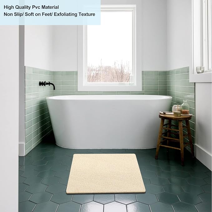 Shower Mat Non Slip Without Suction Cup, 24 x 24 Inch PVC Loofah Shower, Bath, Tub Mat with Drain for Textured Surface, Quick Drying Beige
