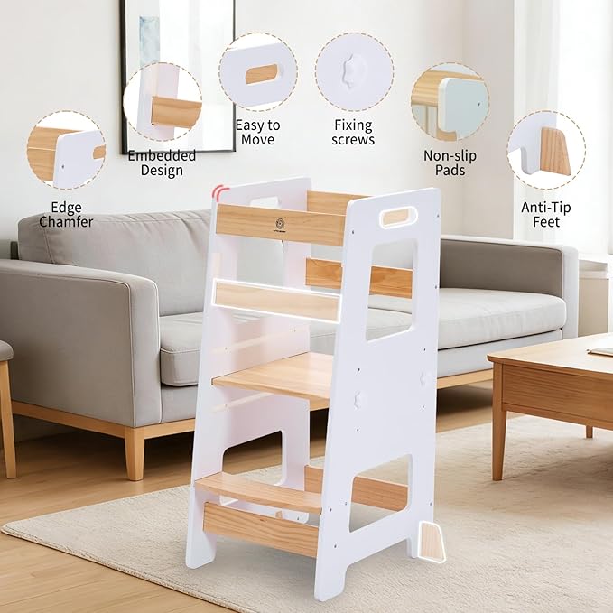 WOOD CITY Kitchen Step Stool - Safe Montessori Standing Tower for Kids with Safety Rail, Height Adjustable Toddler Ideal Helper for Learning New Skills, Anti-Slip Protection for Bathroom - White
