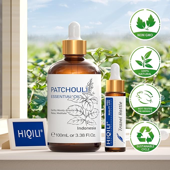 HIQILI Patchouli Essential Oil,100% Pure & Natural for Homemade Perfume, Sooth Skin, Nourish Hair at Home with Diffuser, Gift for Hippie Friend - 3.38 Fl Oz
