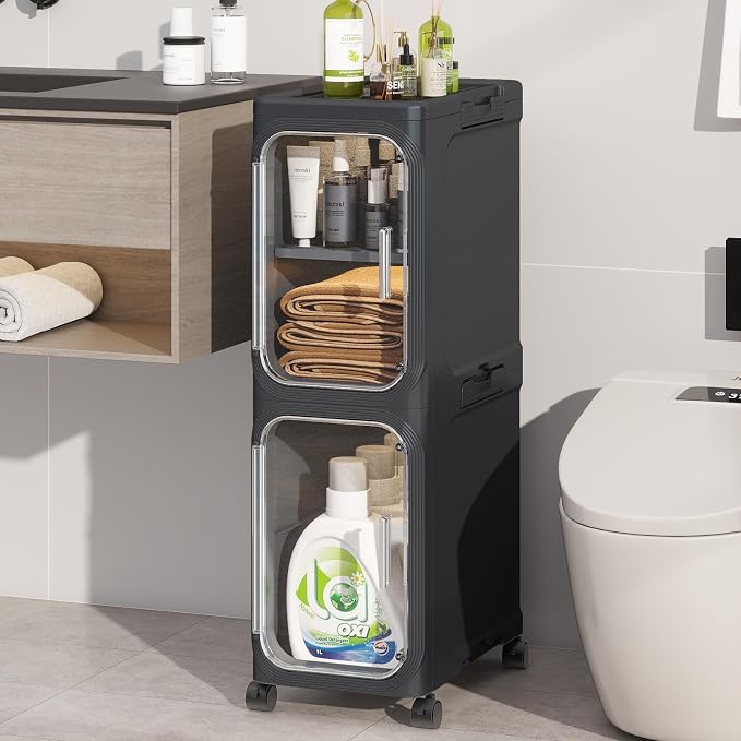 2-Tiers Slim Bathroom Storage Cabinet, Foldable Storage Cabinets,Narrow Bathroom Storage,Movable Bathroom Storage Organizer for Small Spaces,Bathroom,Kitchen,Laundry, Black