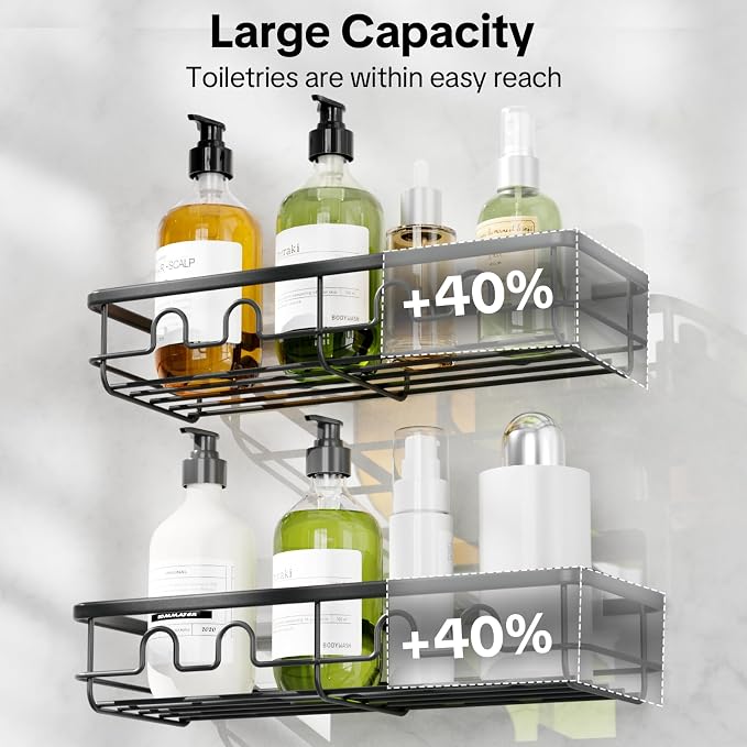 Adhesive Shower Caddy, Large Capacity Shower Racks for Inside Shower, No Drill Bathroom Shower Organizer and Storage, 2 Pack Black Bathroom Shelves, Home Decor Rv Accessories, Apartment