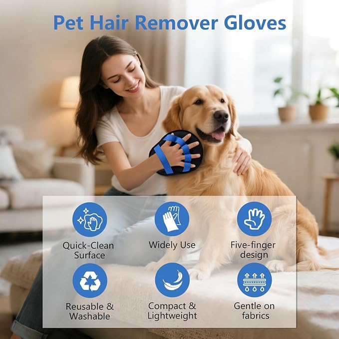 Pet Hair Removal Glove for Dogs & Cats, Reusable Washable Electrostatic Pet Hair Remover Glove, Pet Hair Mitt with Finger Straps for Couch, Carpet, Car Seats, Clothes, Furniture, Blue