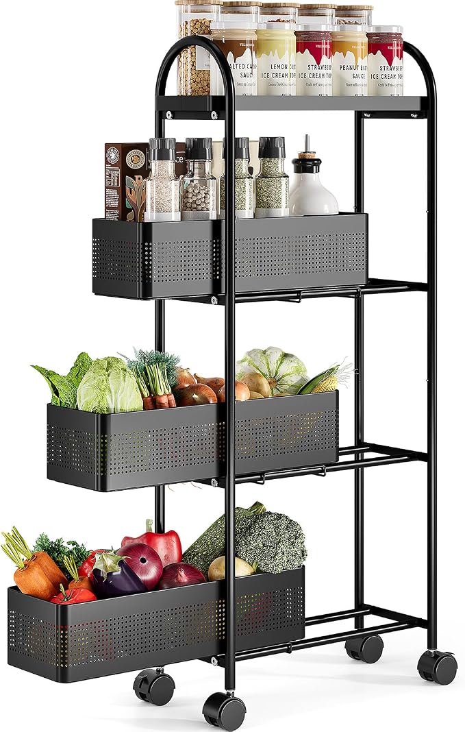 KINGRACK 4-Tier Slim Storage Cart with 3 Pull Out Basket, Rolling Bathroom Organizer Utility, Metal Shelving Unit Slide Out, Lockable Wheels, Easy Assembly for Narrow Place, Kitchen, Office, Black