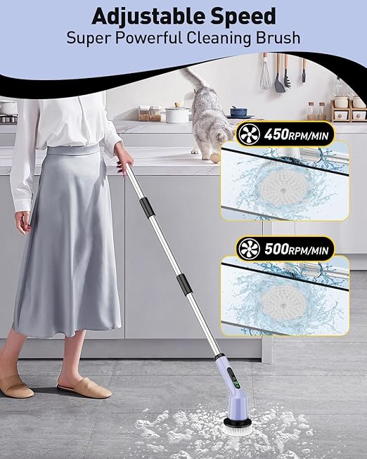 Shower Scrubber with Long Handle, Shower Cleaner Brush with 8 Floor Machine Pads, Cordless Electric Spin Scrubber for Cleaning with 2 Speed, Cleaning Supplies for Bathroom Bathtub Kitchen Floor Toilet