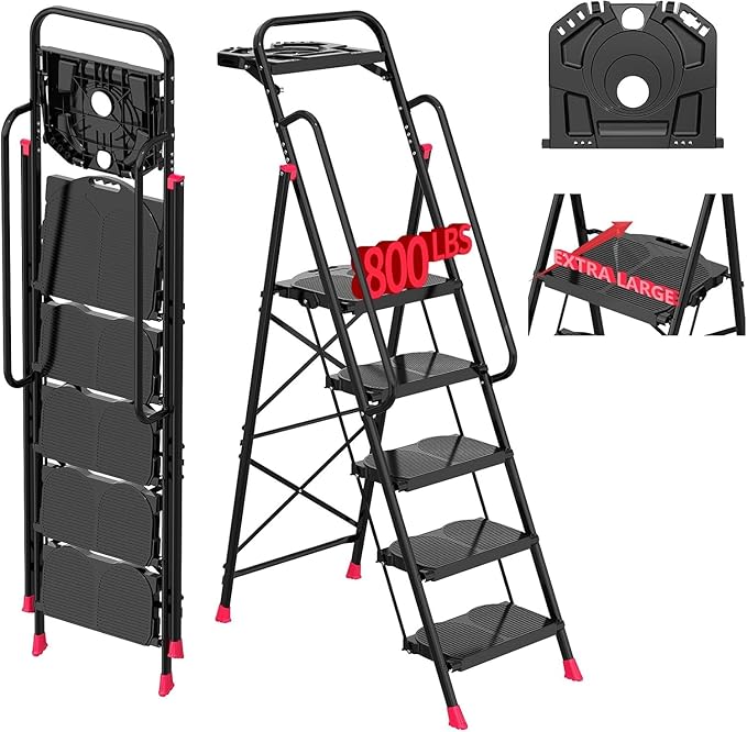 5 Step Foldable Step Ladder Stool with Roomy Tool Tray and Secure Handrail, Foldable Platform Ladder 5 Step Folding Stepstools with Wide Pedals and 800lbs Weight Capacity for Adults, Home, Kitchen