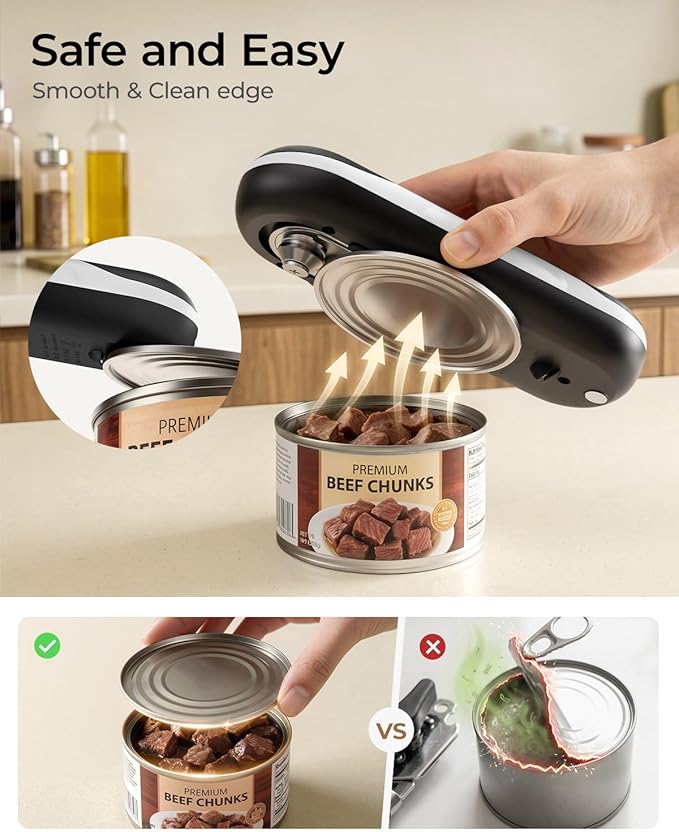 Electric Can Opener, One-Touch Automatic Can Opener, USB Rechargeable Electric Can Opener for Seniors with Arthritis, Side Cut, Smooth Edge, Handsfree, for Any Size Cans (Black/White)