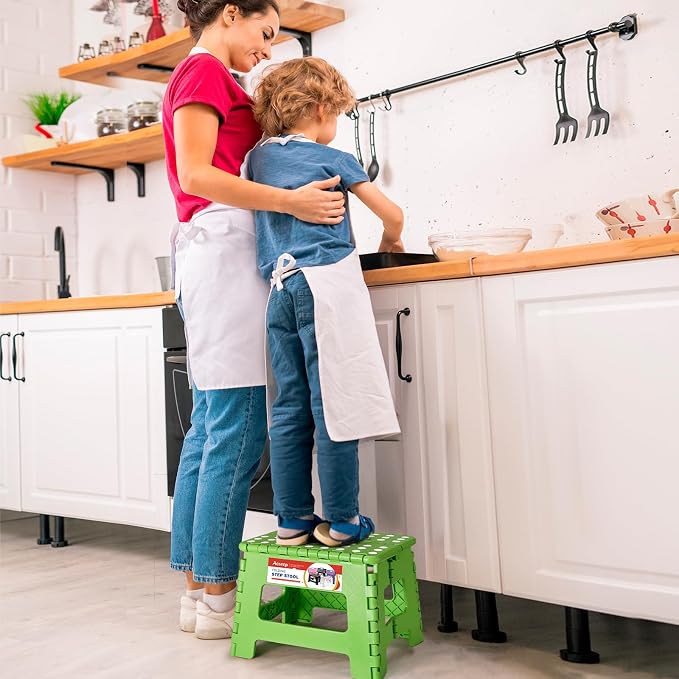 ACSTEP 9 Inch Folding Step Stool 300 LB Capacity Plastic Foldable Step Stools for Kids and Adults, Folding Stool Suitable for Kitchen, Stepping Stool with Handle Green Small Step Stool 1PC