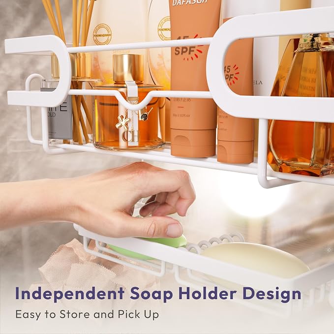 SWTYMIKI Over The Door Shower Caddy With Double Soap Holder, Hanging Shower Caddy With 16 Hooks, No Drilling Hanging Shower Organizer Over Door To Organize Bathroom Essentials, White