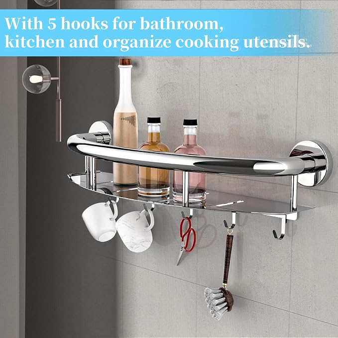 Munzong 18 Inch Shower Grab Bar with Storage Shelf, Chrome Stainless Steel 2 in 1 Bathroom Grab Bar and Hand Rail Support for Elderly and Handicap