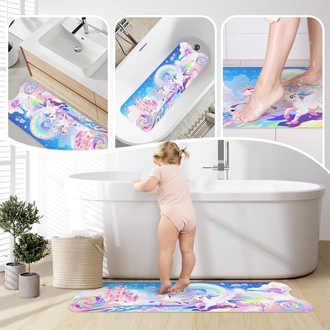 SHUCHING Girl Unicorn Bath Mat for Tub Non Slip-40 X 16 Inch, Kids Bathtub Mat Non Slip, Long Shower Mat Anti Slip for Bathroom, Machine Washable