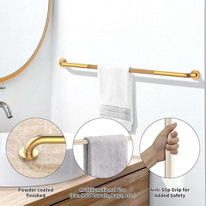 Brushed Gold Shower Grab Bar w/Anti-Slip Knurled Grip 2 Pack 47 Inch,YuanDe Stainless Steel Bathroom Grab Bars,Handicap Injury Elderly Senior Assist Support Shower Handle