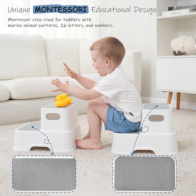 Harwaya Toddler Step Stool for Bathroom Sink 2 Pack, Kids Step Stools for Toilet Potty Training, Plastic Stepping Stool for Toddlers Child Kid Kitchen Bedroom Bed -White (Included Two Faucet Extender)