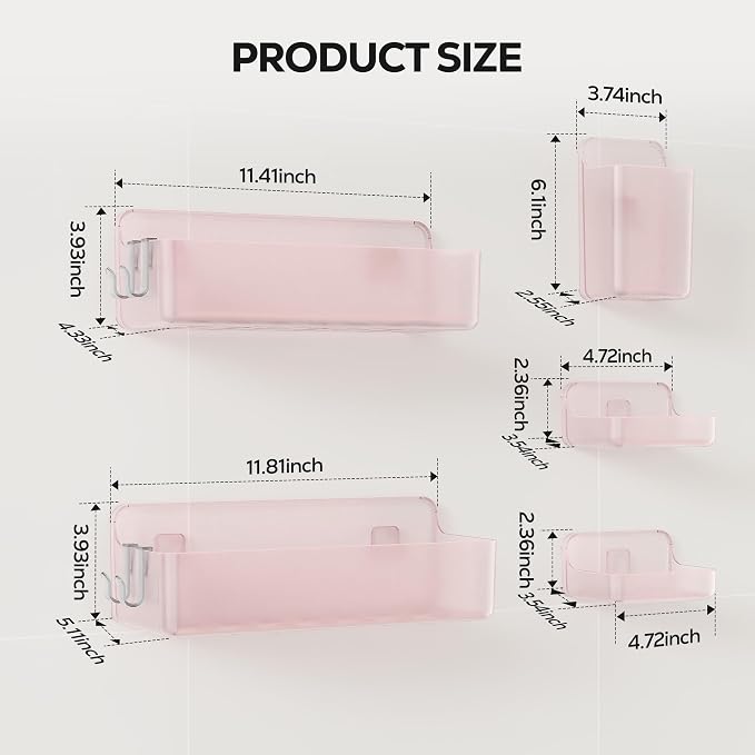 Nieifi Adhesive Wall Shelf, Shower Shelves, Shower Organizer for Bathroom Organization (Pink-Clear, 5 pieces)