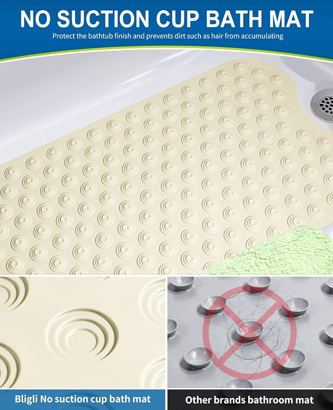 Bligli Bathtub Mat Non-Slip Without Suction Cups, 39x16inch Extra Long Bath Mats for Shower Bathroom, Machine Washable Natural Rubber Shower Tub Mat (39x16inch, Beige)