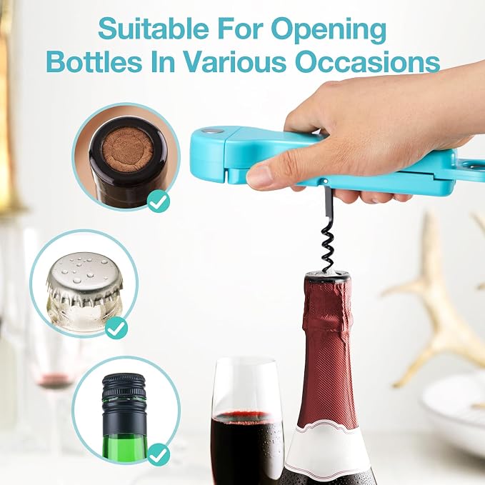Jar Opener for Seniors with Arthritis, 7 in 1 Bottle Opener and Wine Corkscrew, Easy Grip Kitchen Gadget for Weak Hands Elderly, Retractable Jaw Lid Opener with Magnetic Storage (Teal)