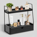 2-Tier Bathroom Organizer Countertop with Drawer, Wood Counter Organizer for Bathroom Decor, Sink Shelf for Vanity Storage, Makeup Tray for Perfume Skincare, Spice Rack Bedroom Kitchen Corner