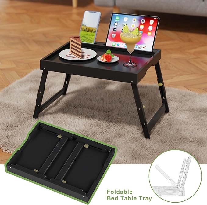 Artmeer Bed Tray Table with Folding Legs, Bamboo Breakfast Food Tray with Media Slot, Use As Platter, Laptop Desk, Snack, TV Tray Kitchen Serving Tray (Black Large Adjustable Legs)