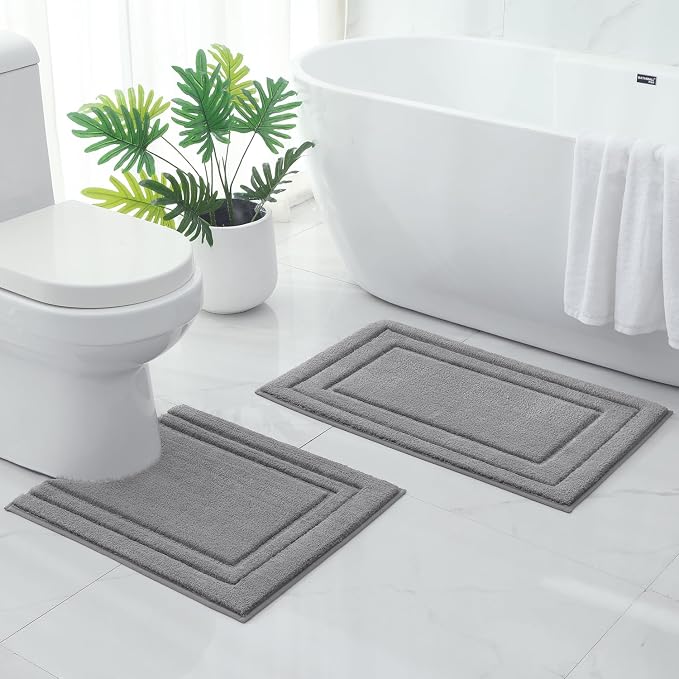 HOMEIDEAS Bathroom Rugs Sets 2 Piece, Super Soft and Absorbent Non Slip Microfiber U-Shaped Toilet Bath Mat Set (20"x32"+U20 x24, Grey)