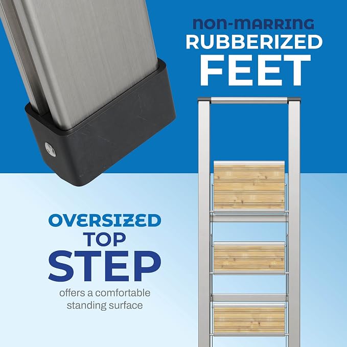 Step Ladder 4 Step Folding, Decorative - Beautiful Bamboo & Silver Aluminum, Ultra Slim Profile, Anti Slip Steps, Sturdy-Portable for Home, Office, Kitchen, Photography Use,by SORFEY