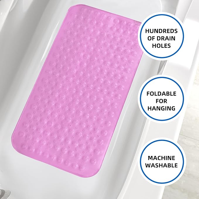 ZHICHENG Bath Mat - Shower Mat Non Slip - Long 31.88 x 15.74 Inch Bathroom Mats for Tub Nonslip - Anti Slip Bathmats - Bathtub Mat Non Slip with Massage Particles (Transparent Pink)