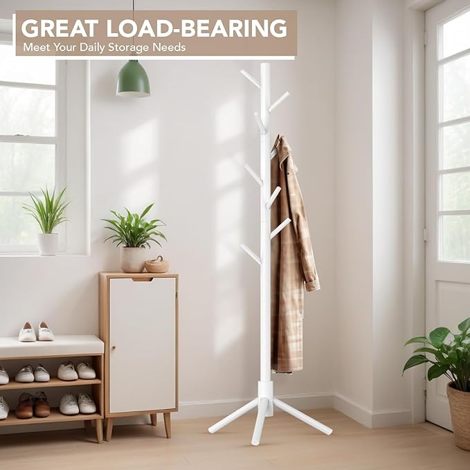 Hupmad Wooden Tree Coat Rack Stand,Sturdy Freestanding Coat Rack with 8 Hooks,3 Adjustable Height for Child Adult,Wood Coat Stand Tree Fits Entryway Bedroom Office for Bags,Hats, 2 Pack